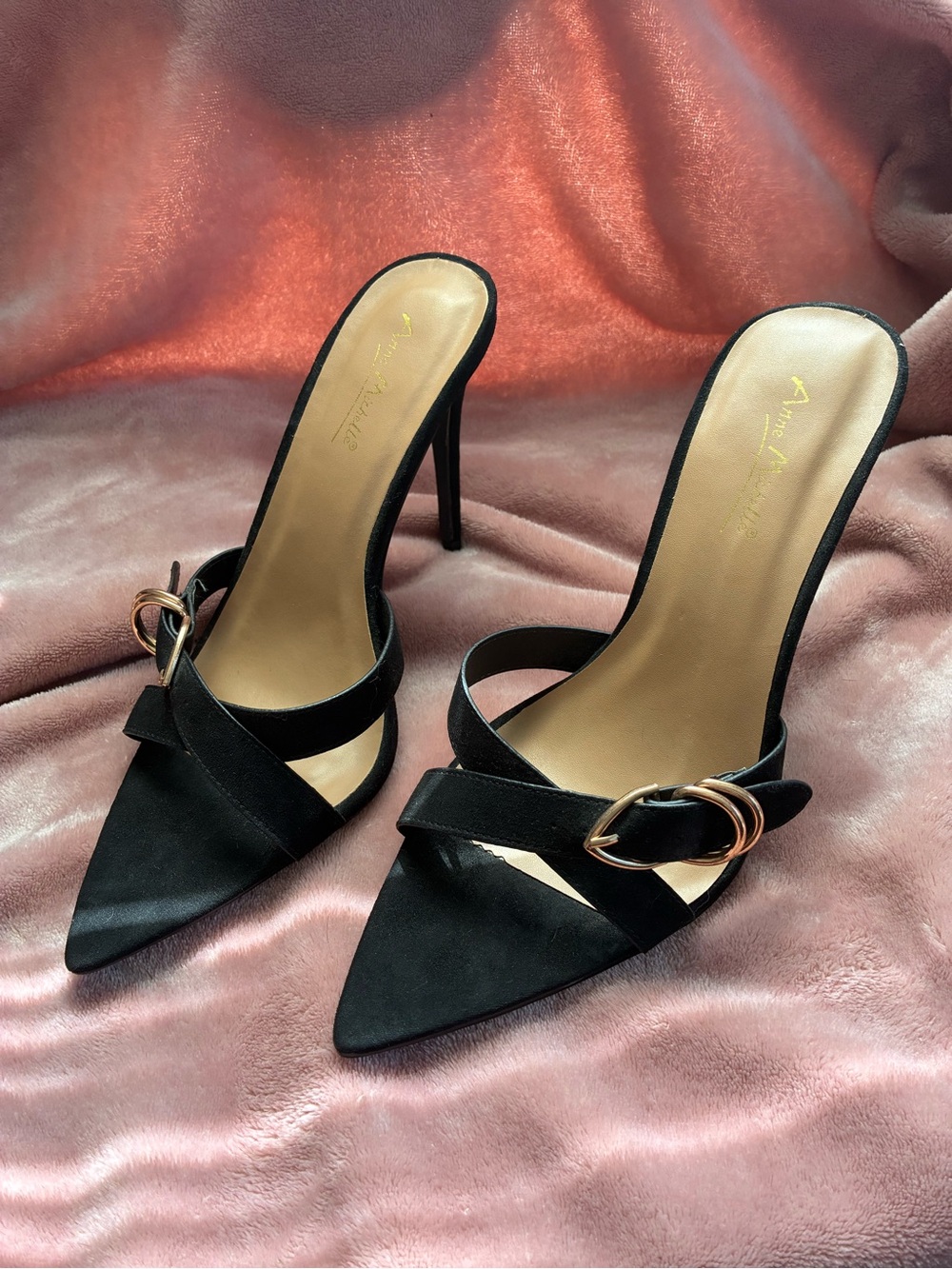 Anne Michelle Black Pointed Toe Stiletto Mules with Gold Buckle